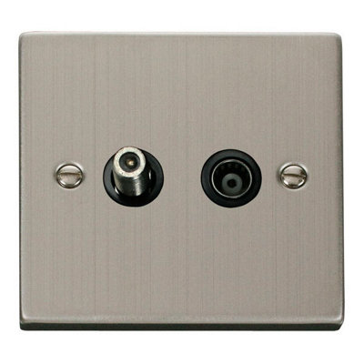Stainless Steel Satellite And Isolated Coaxial 1 Gang Socket - Black Trim - SE Home
