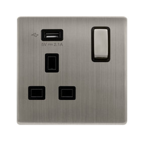 Stainless Steel Screwless Plate 1 Gang 13A DP Ingot 1 USB Switched Plug Socket - Black Trim - SE Home