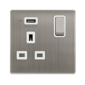 Stainless Steel Screwless Plate 1 Gang 13A DP Ingot 1 USB Switched Plug Socket - White Trim - SE Home