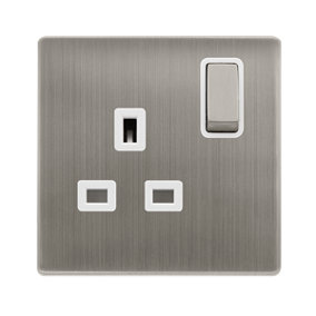 Stainless Steel Screwless Plate 1 Gang 13A DP Ingot Switched Plug Socket - White Trim - SE Home