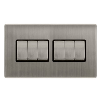 Stainless Steel Screwless Plate 10A 6 Gang 2 Way Ingot Light Switch - Black Trim - SE Home
