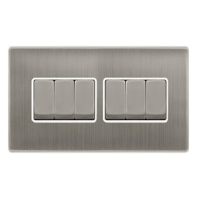 Stainless Steel Screwless Plate 10A 6 Gang 2 Way Ingot Light Switch - White Trim - SE Home