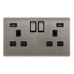 Stainless Steel Screwless Plate 2 Gang 13A DP Ingot 2 USB Twin Double Switched Plug Socket - Black Trim - SE Home
