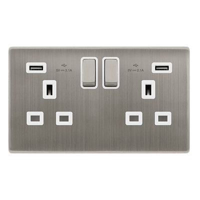 Stainless Steel Screwless Plate 2 Gang 13A DP Ingot 2 USB Twin Double ...
