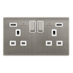 Stainless Steel Screwless Plate 2 Gang 13A DP Ingot 2 USB Twin Double Switched Plug Socket - White Trim - SE Home