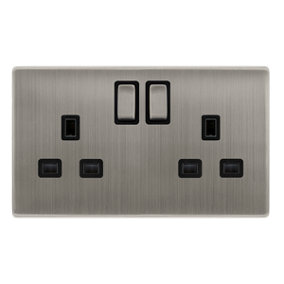 Stainless Steel Screwless Plate 2 Gang 13A DP Ingot Twin Double Switched Plug Socket - Black Trim - SE Home