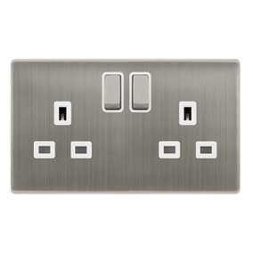 Stainless Steel Screwless Plate 2 Gang 13A DP Ingot Twin Double Switched Plug Socket - White Trim - SE Home