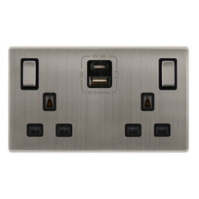 Stainless Steel Screwless Plate 2 Gang 13A DP Ingot Type A & C USB Twin Double Switched Plug Socket - Black Trim - SE Home