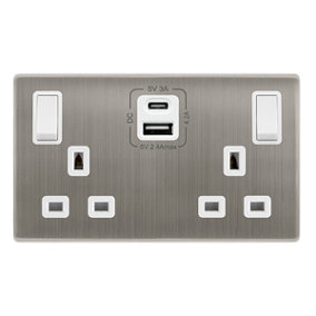 Stainless Steel Screwless Plate 2 Gang 13A DP Ingot Type A & C USB Twin Double Switched Plug Socket - White Trim - SE Home
