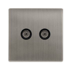 Stainless Steel Screwless Plate 2 Gang Twin Coaxial TV Socket - Black Trim - SE Home