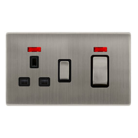 Stainless Steel Screwless Plate Cooker Control Ingot 45A With 13A Switched Plug Socket & 2 Neons - Black Trim - SE Home