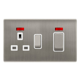 Stainless Steel Screwless Plate Cooker Control Ingot 45A With 13A Switched Plug Socket & 2 Neons - White Trim - SE Home