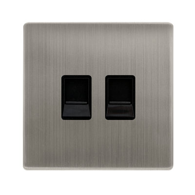 Stainless Steel Screwless Plate Master Telephone Twin Socket - Black Trim - SE Home