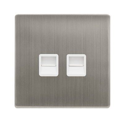 Stainless Steel Screwless Plate Secondary Telephone Twin Socket - White Trim - SE Home