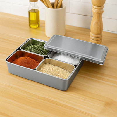 Stainless Steel Seasoning Box 4 Compartment Spice Organizer Condiment ...