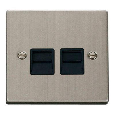 Stainless Steel Secondary Telephone Twin Socket - Black Trim - SE Home