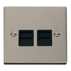 Stainless Steel Secondary Telephone Twin Socket - Black Trim - SE Home
