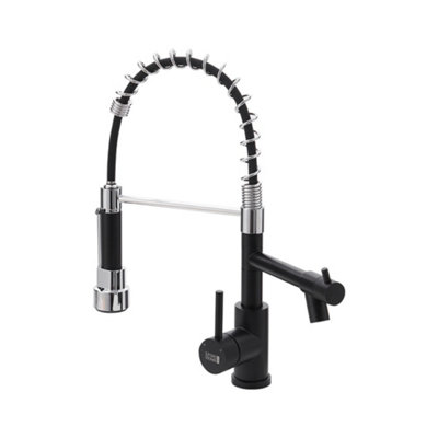Stainless Steel Side Lever Kitchen Faucet Spring Neck Dual Spouts Kitchen Tap Black and Chrome Effect