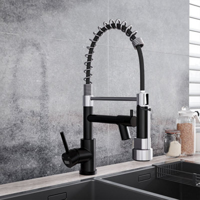 Stainless Steel Side Lever Kitchen Faucet Spring Neck Dual Spouts Kitchen Tap Black and Chrome Effect