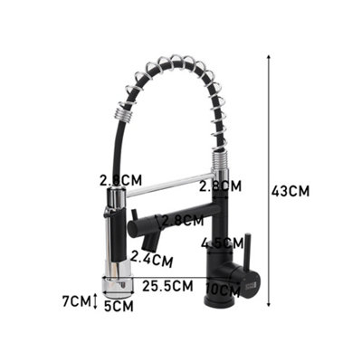 Stainless Steel Side Lever Kitchen Faucet Spring Neck Dual Spouts Kitchen Tap Black and Chrome Effect