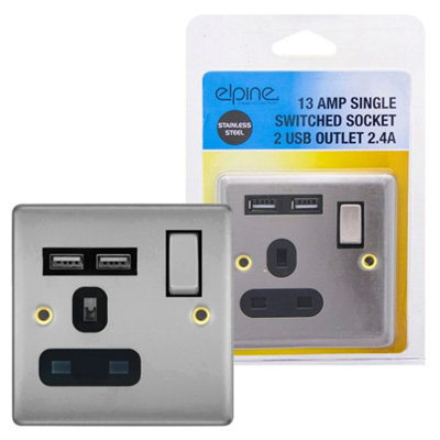 Stainless Steel Single Switched Socket 2 Usb Outlets Home With Fixing ...