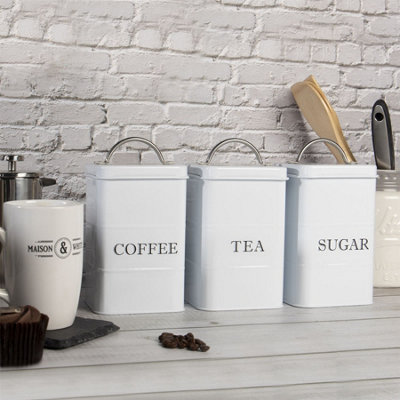 Stainless Steel Tea, Coffee and Sugar Canisters White