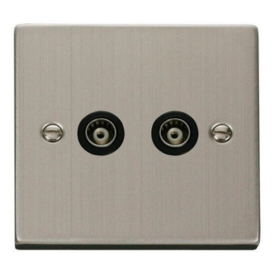 Stainless Steel Twin Isolated Coaxial Socket - Black Trim - SE Home