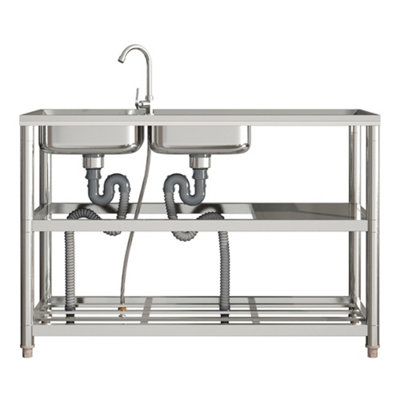 Stainless Steel Two Compartment Sinks Freestanding with Shelves and Drainboard
