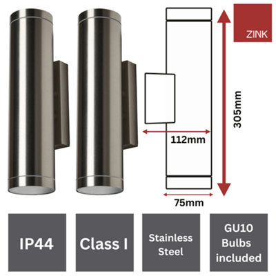 Stainless Steel Up Down Lights with LED GU10 Bulbs - Twin Pack