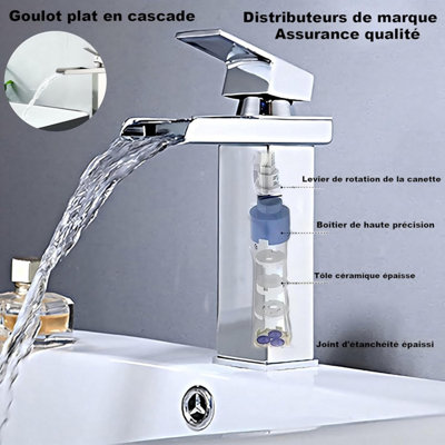 VOTON Waterfall Spout Bathroom Faucet - Single Handle Deck Mount In Brushed Nickel, Modern Commercial Style