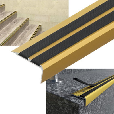 Stair Nosing Edge Trim -  Cezar Anti Slip Edging Strip for Stair -Gold with Black Rubber 0.9m - 3