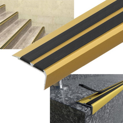 Stair Nosing Edge Trim -  Cezar Anti Slip Edging Strip for Stair -Gold with Black Rubber 0.9m