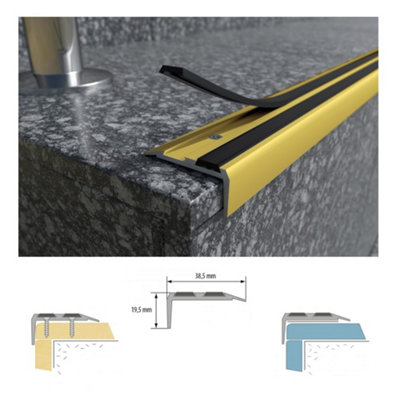 Stair Nosing Edge Trim -  Cezar Anti Slip Edging Strip for Stair -Gold with Black Rubber 0.9m