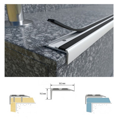Stair Nosing Edge Trim - Cezar Anti Slip Edging Strip for Stair -Silver with Black Rubber 0.9m