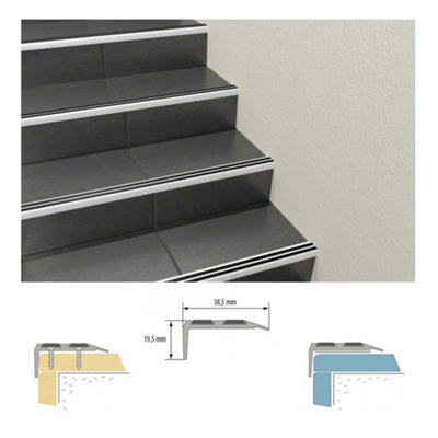 Stair Nosing Edge Trim - Cezar Anti Slip Edging Strip for Stair -Silver with Black Rubber 0.9m - 3