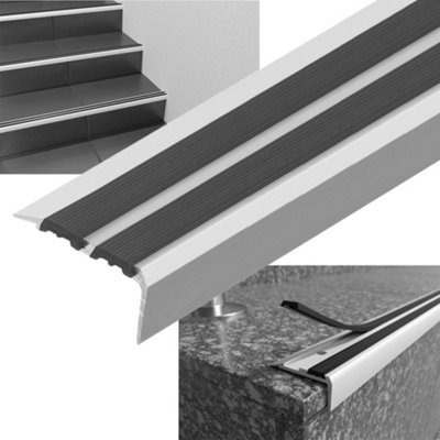 Stair Nosing Edge Trim - Cezar Anti Slip Edging Strip for Stair -Silver with Black Rubber 0.9m