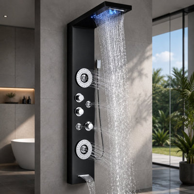 Standard LED Black shower panel tower system, Stainless steel, rain and ...