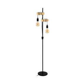 Standing Floor Lamp Light Black Base & Twin Wood Hangman 2 x 10W E27 Bulb
