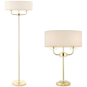 Standing Floor & Table Lamp Set Brass Crystal & Vintage White Shade Twin Light