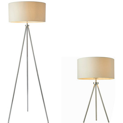 Standing Floor & Table Lamp Set Chrome Plate Ivory Shade Sleek Tripod ...