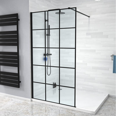 Stanley 1000mm Black Grid Framed Walk-In Shower Enclosure with Support Bar