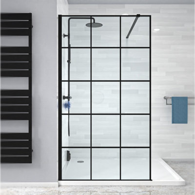 Stanley 1000mm Black Grid Framed Walk-In Shower Enclosure with Support Bar