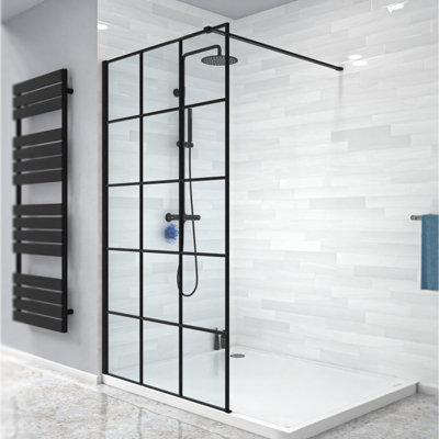 Stanley 1000mm Black Grid Framed Walk-In Shower Enclosure with Support Bar - 3