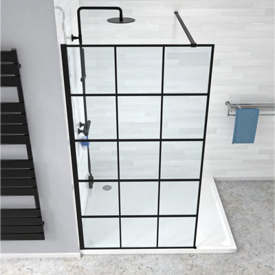 Stanley 1000mm Black Grid Framed Walk-In Shower Enclosure with Support Bar - 5