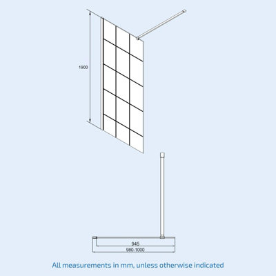 Stanley 1000mm Black Grid Framed Walk-In Shower Enclosure with Support Bar - 7