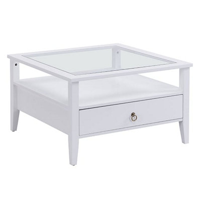 Stanley Square Glass Coffee Table With 2 Drawers In White