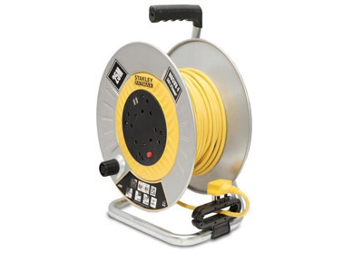 Stanley SXECGM2OHSE Open Metal Drum Cable Reel 240V 13A 4-Socket + 2 USB 25m