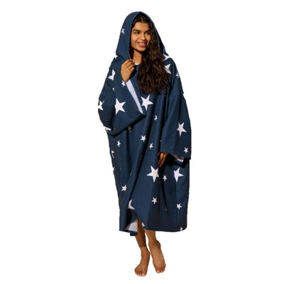 Star Poncho Towel Hooded Oversized Adult Dry Changing Robe Beach Bath, Navy