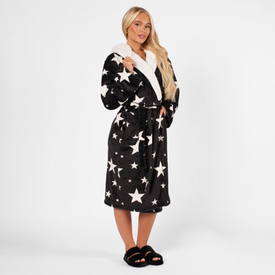 Star Print Sherpa Hooded Dressing Gown Bathrobe