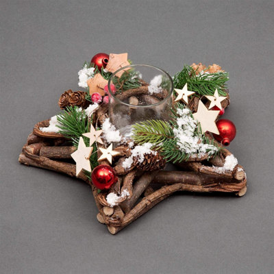 Star Shape Wooden Candle Holder Tabletop Centrepiece Christmas Decorated with Red/Silver Baubles, Berries and Cones